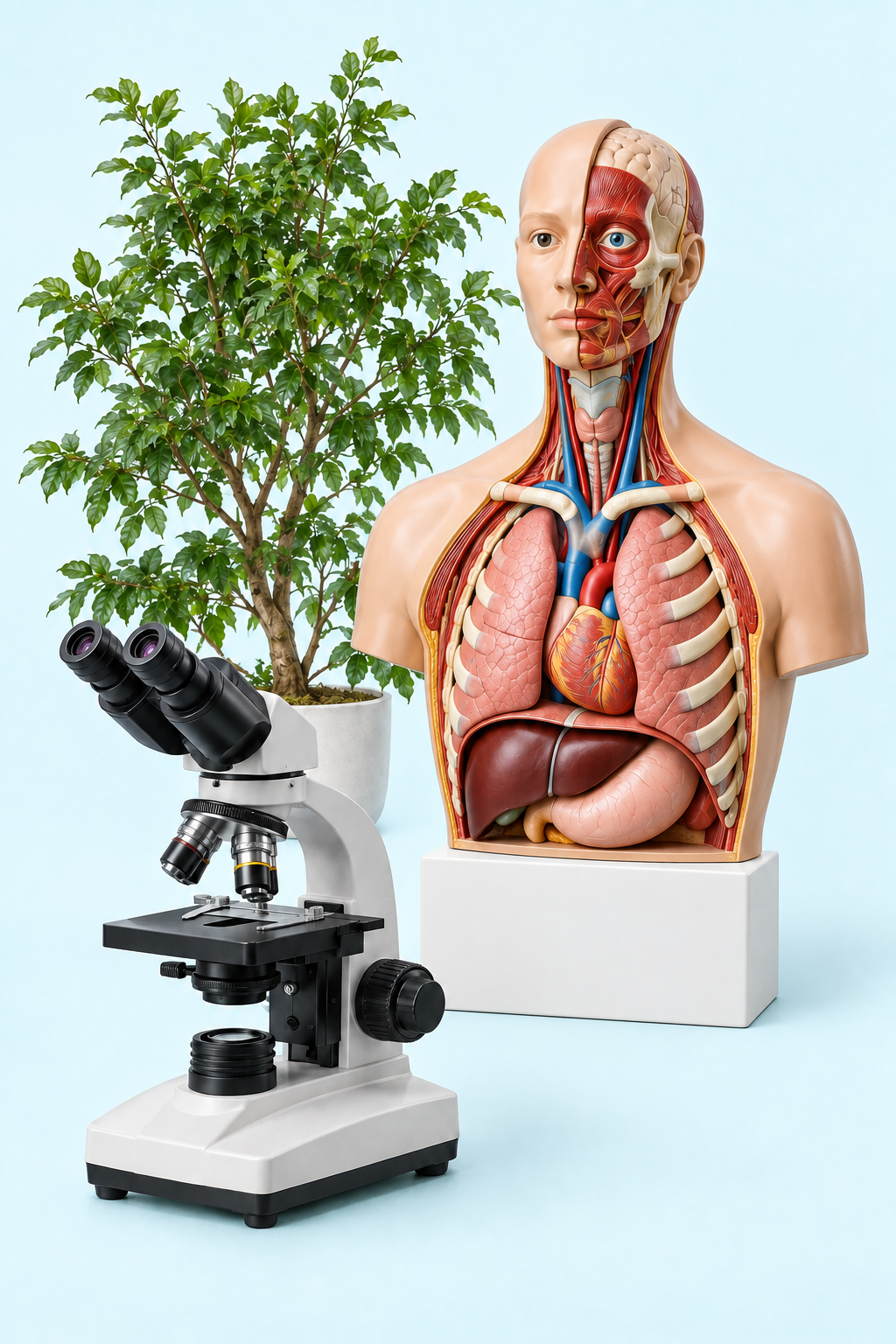 Human anatomy torso, optical microscope and a green tree